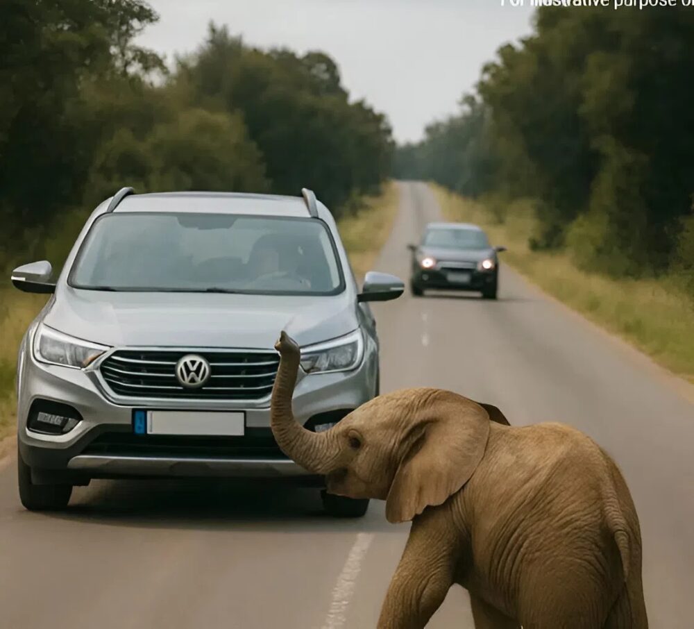 A baby elephant blocks the highway: a strange behavior before something strange