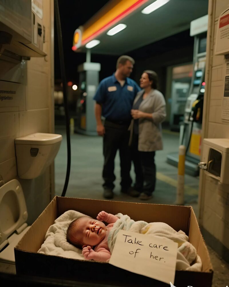 An employee at a gas station discovered a box in the restroom. Inside was a newborn and a note: “Take care of her.”