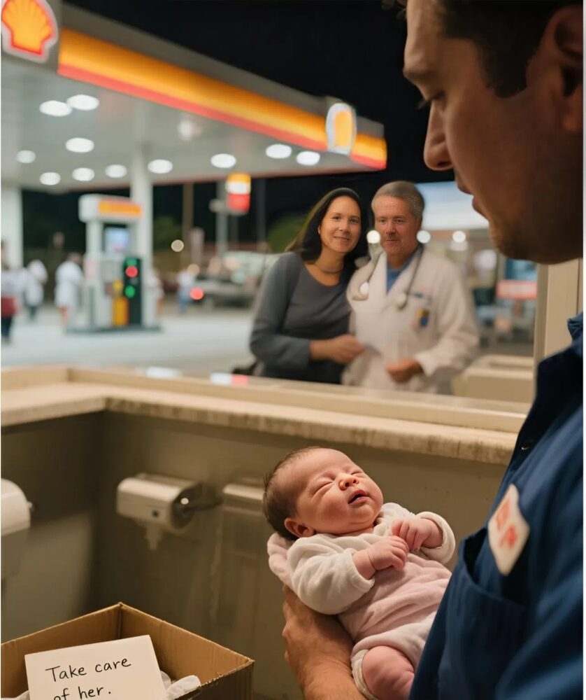 An employee at a gas station discovered a box in the restroom. Inside was a newborn and a note: “Take care of her.”