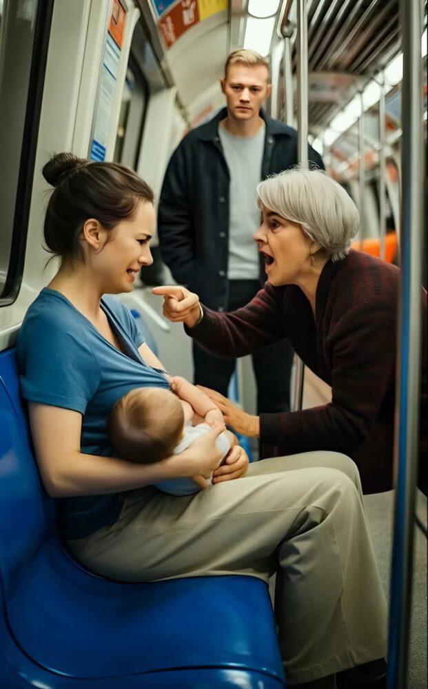 In the metro, a young mother breastfeeds her baby, confronted with an unfair and shocking criticism