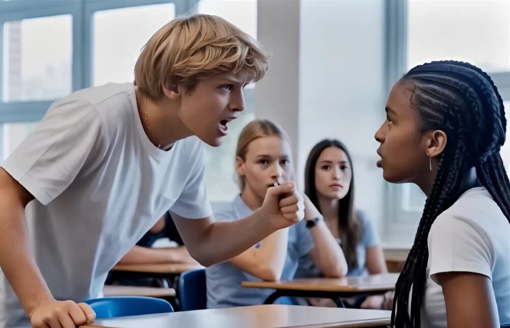 She suddenly stands up, pushes her attacker away with unexpected strength, and challenges him with an unyielding stare