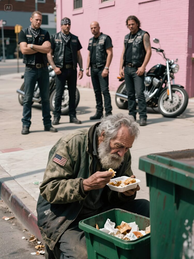 An 82-year-old veteran searching through trash receives an unexpected gesture from bikers