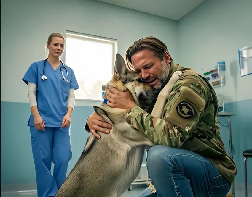 A faithful dog, an old German Shepherd, embraces his master before leaving, a deeply emotional farewell A final farewell: When a faithful dog embraces his master before leaving