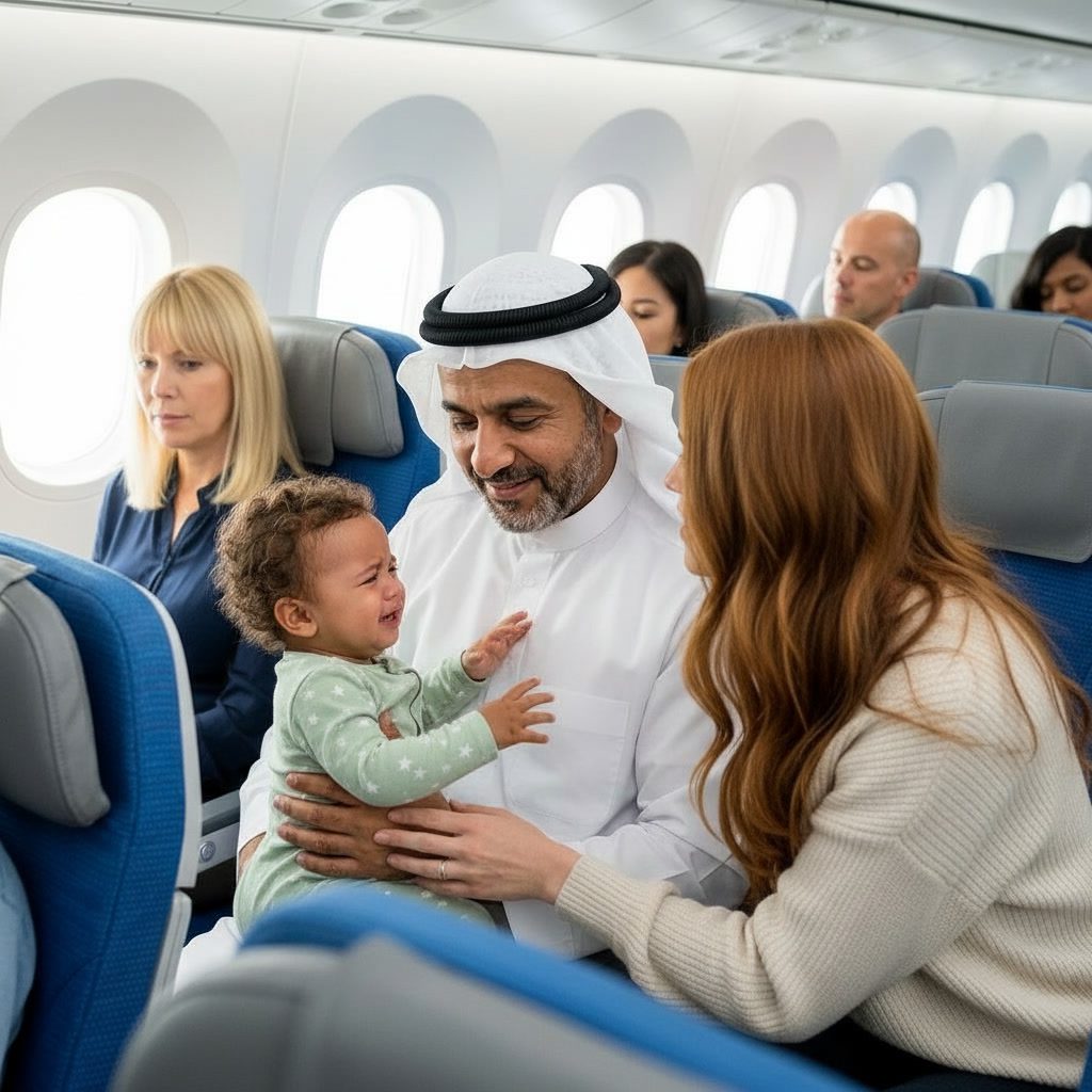 An inconsolable baby on the plane instantly falls silent in the arms of a mysterious man, astonishing all the passengers