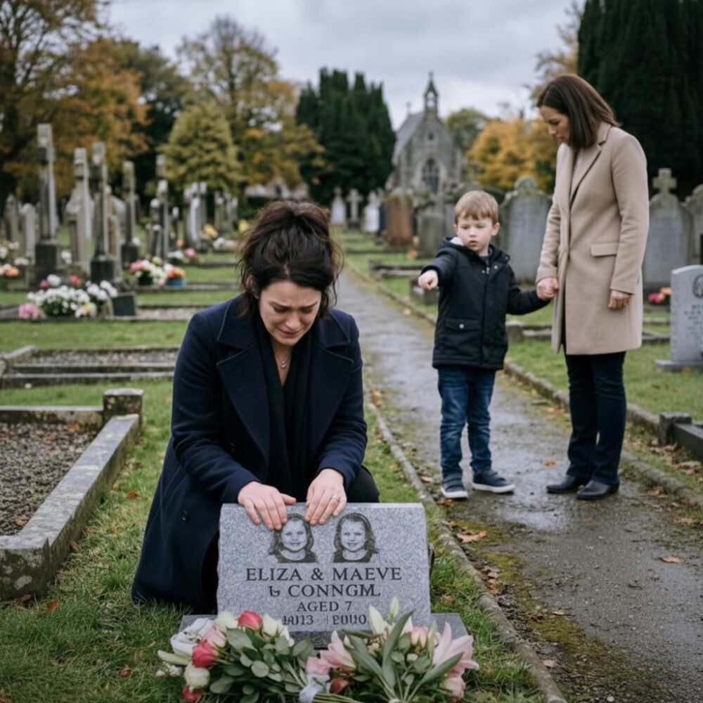 A little boy pointed to the grave of my twins and whispered, “Mom… these girls are in my class,” but my daughters had been dead for two years