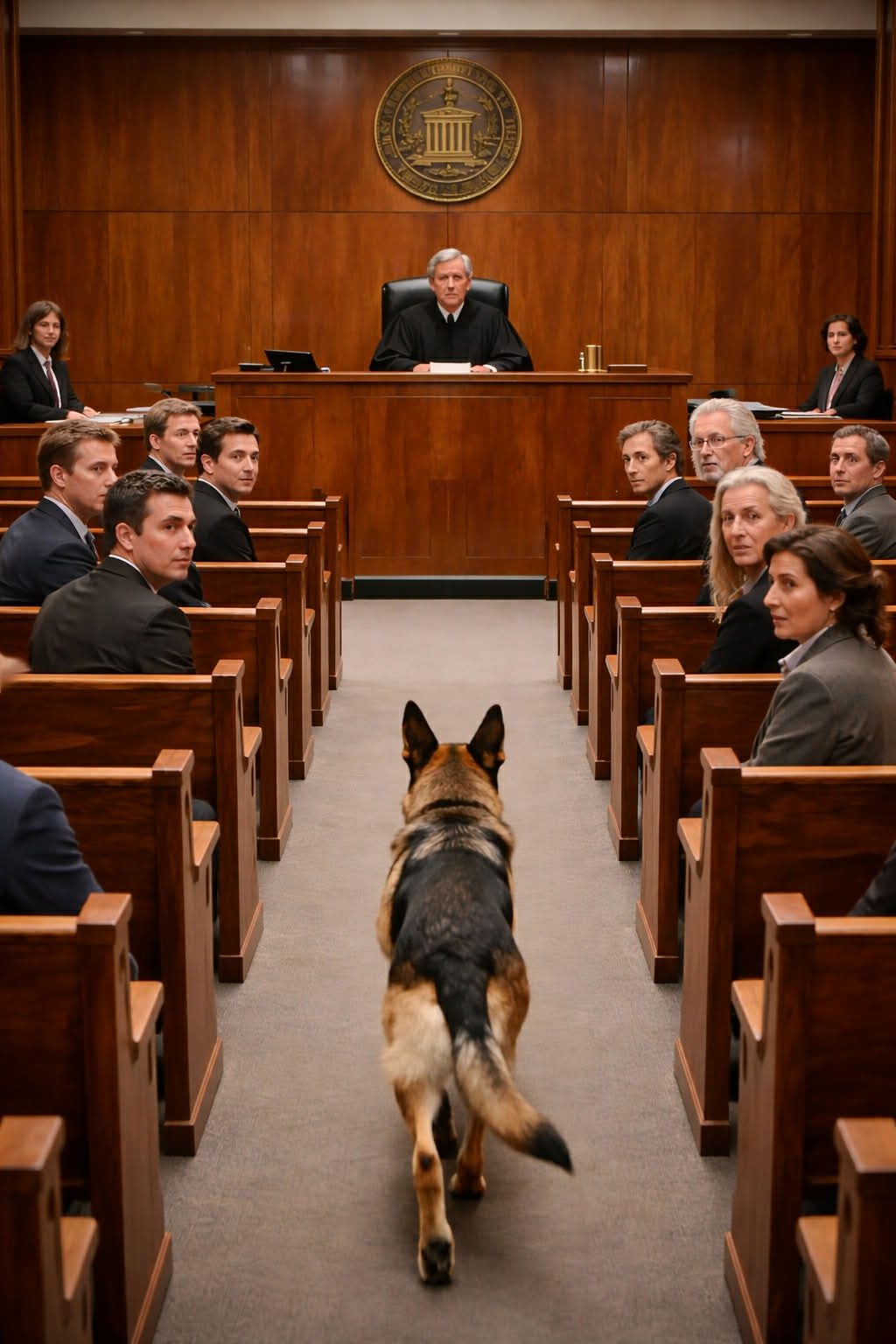 The heavy doors of the courtroom opened with a dull creak, and a German shepherd slowly entered, moving straight toward the judge’s bench