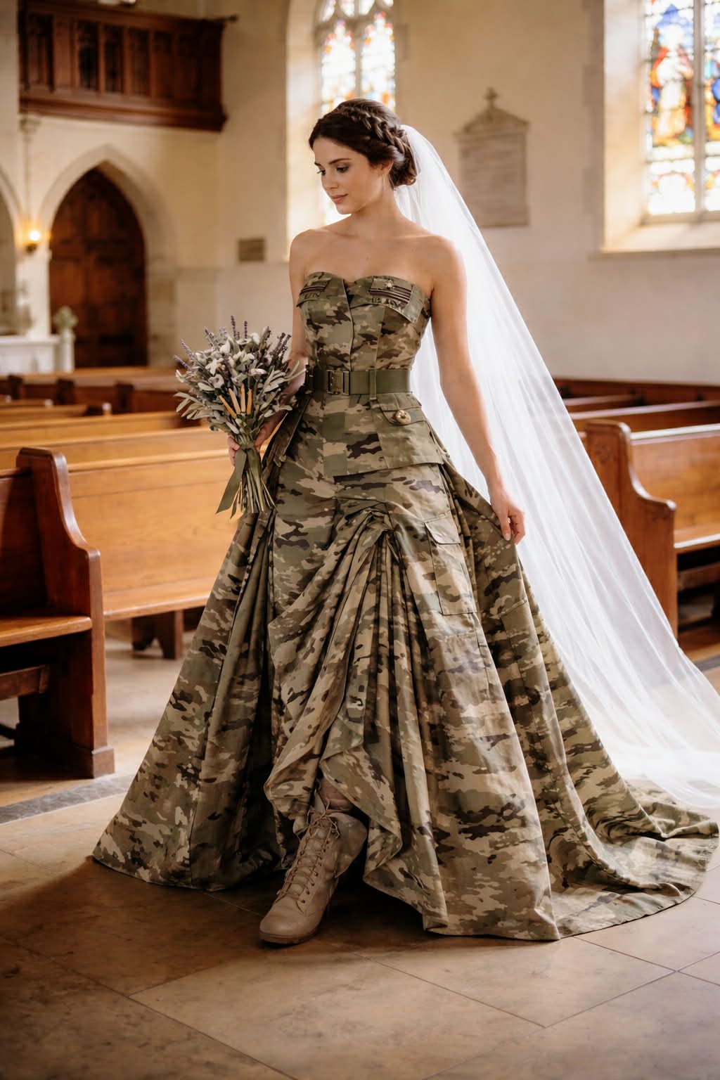 My fiancée walked toward the altar in a wedding dress entirely made from military shirts