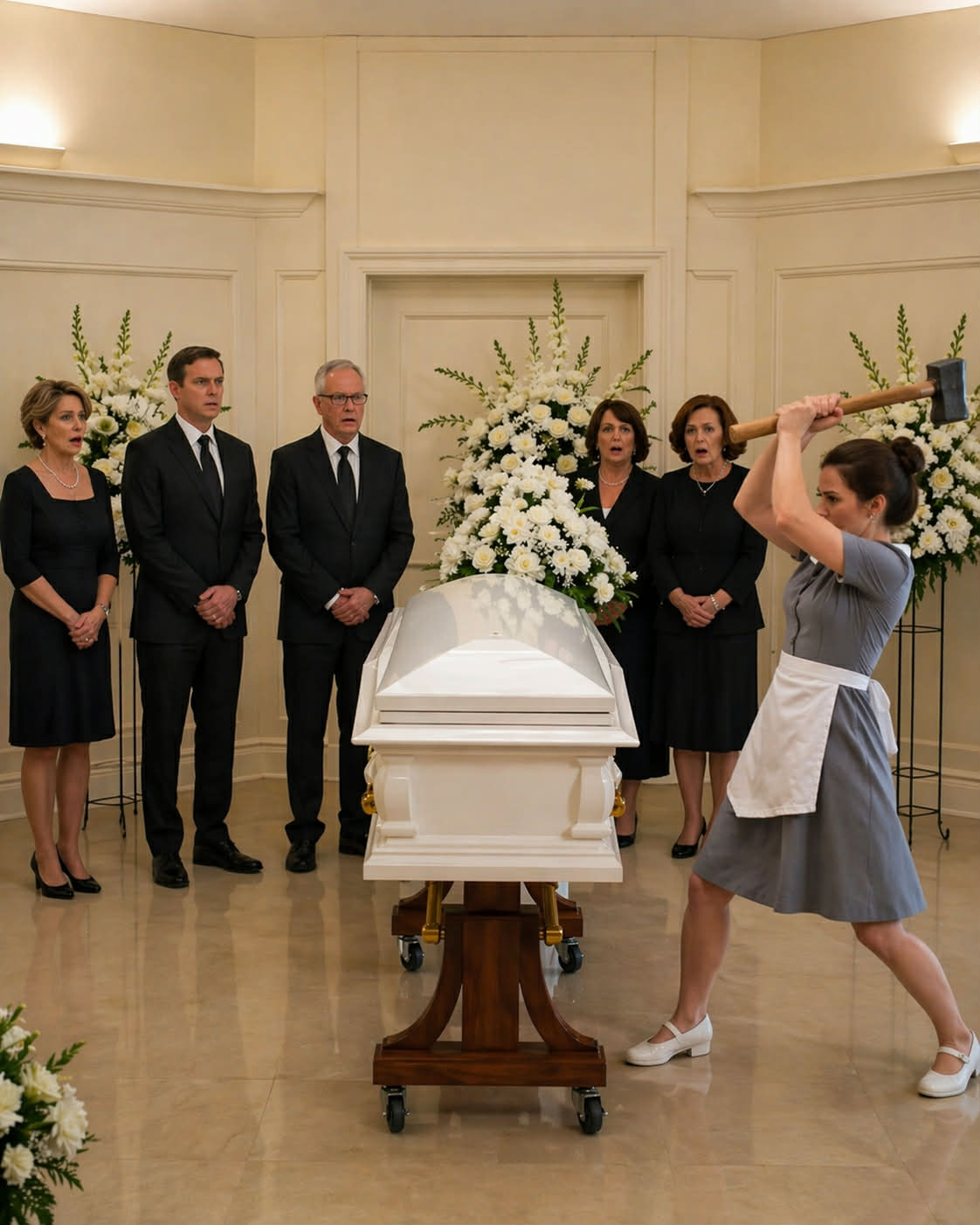 — She is not dead! cried the cleaning woman and, with a violent gesture, she struck and broke the lid of the coffin. And what happened next was a totally unimaginable shock