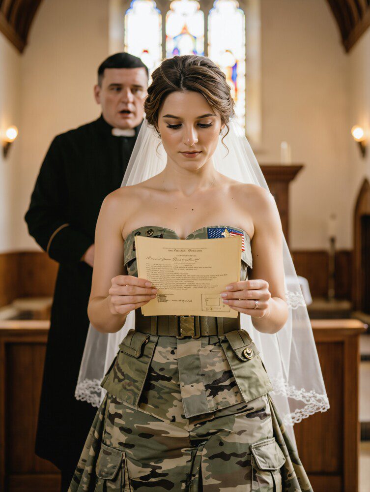 My fiancée walked toward the altar in a wedding dress entirely made from military shirts