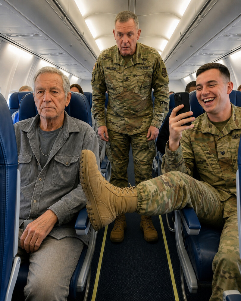 An arrogant young soldier pinned a silent old man against his airplane seat with his heavy military boot. No one could have imagined that a simple detail would soon transform the atmosphere throughout the entire cabin