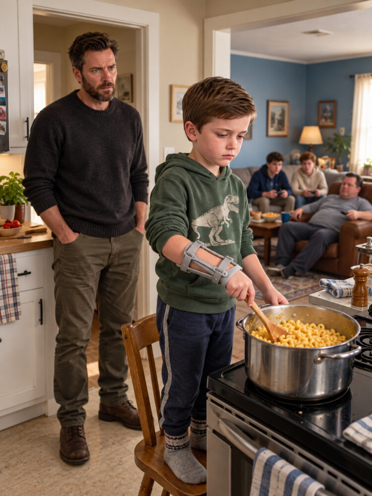I returned from my oil rig two weeks early. When I arrived, I discovered my eight-year-old son preparing dinner for a stranger’s children, with his arm in a bandage